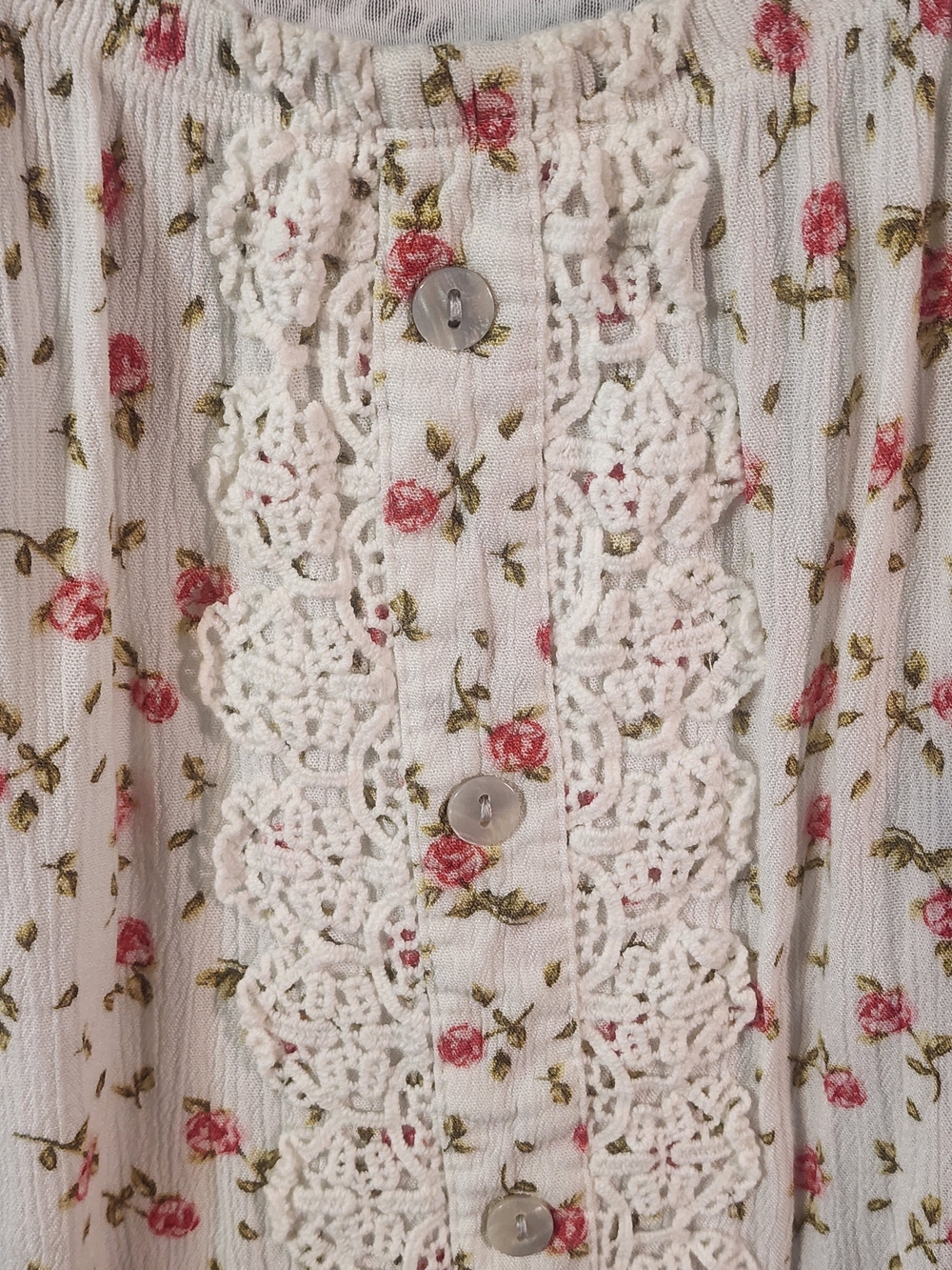 No Boundaries Cream Blouse with Pink Rose Print and Crochet Trim